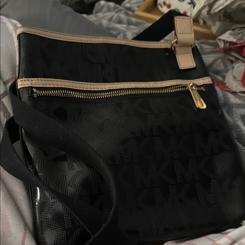 Michael Kors Black and Cream Crossbody Bag with Monogram Pattern